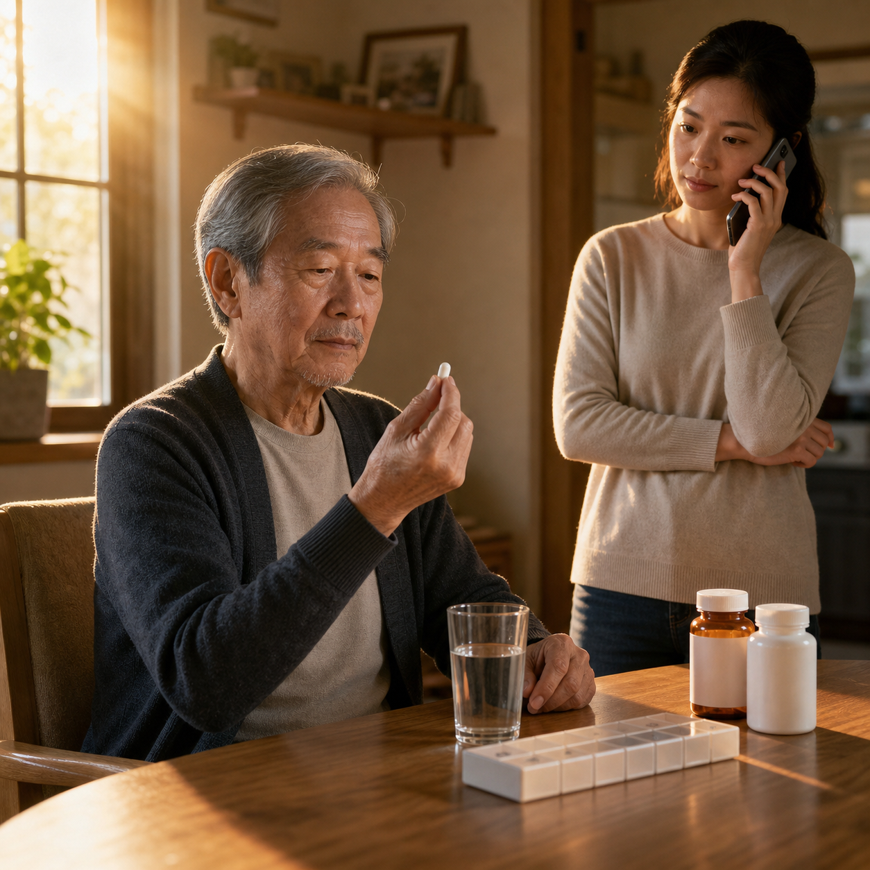 Older adult sitting upright with water and a pill organizer during a careful medication routine