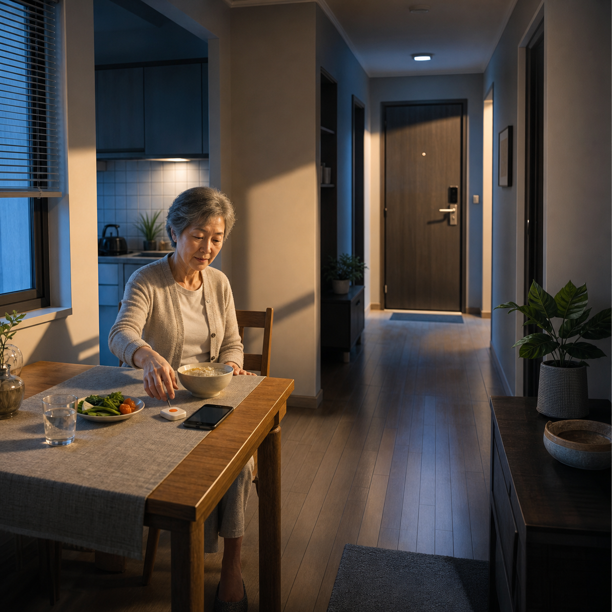 Older adult dining alone with a reachable phone, water, and a clear route through the home
