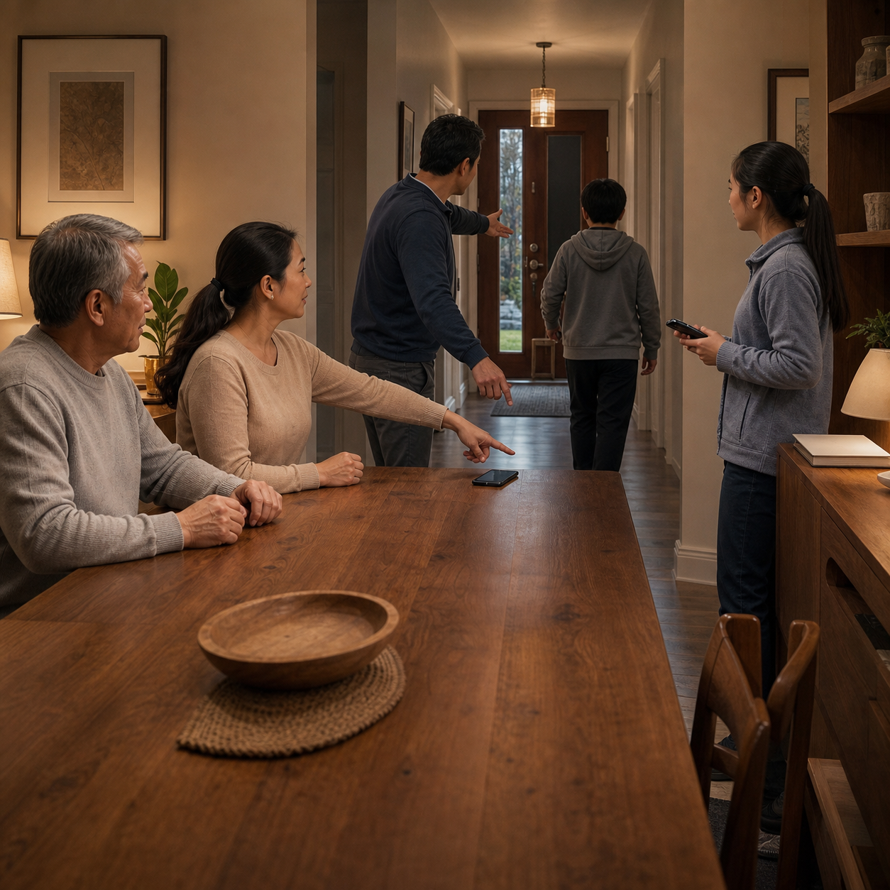 Family caregiver and older adult reviewing a practical home choking response plan at the dining table