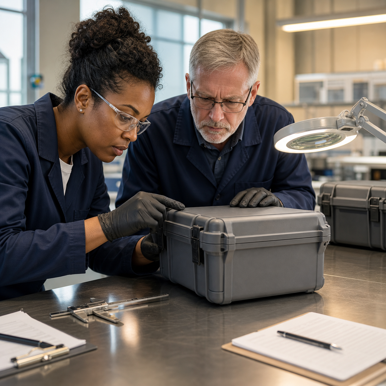 Quality specialists inspecting a sealed standardized test container after transport validation