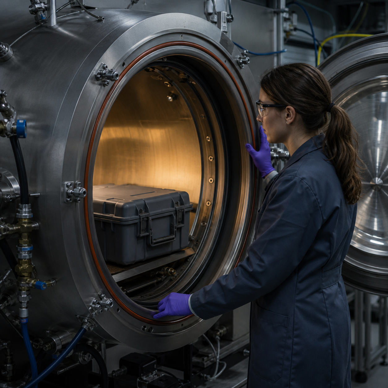 Technician checking a sealed standardized test container inside a low-pressure transport chamber