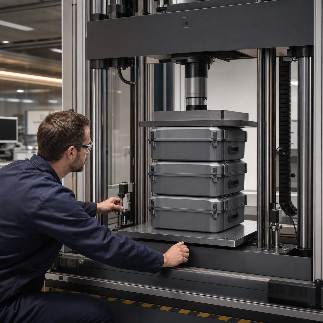Engineer monitoring stacked standardized test containers in a controlled compression frame