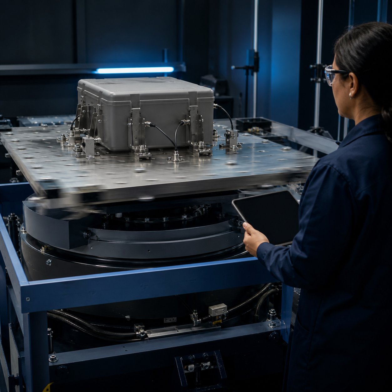 Package vibration validation with a sealed test container secured to an instrumented shaker table