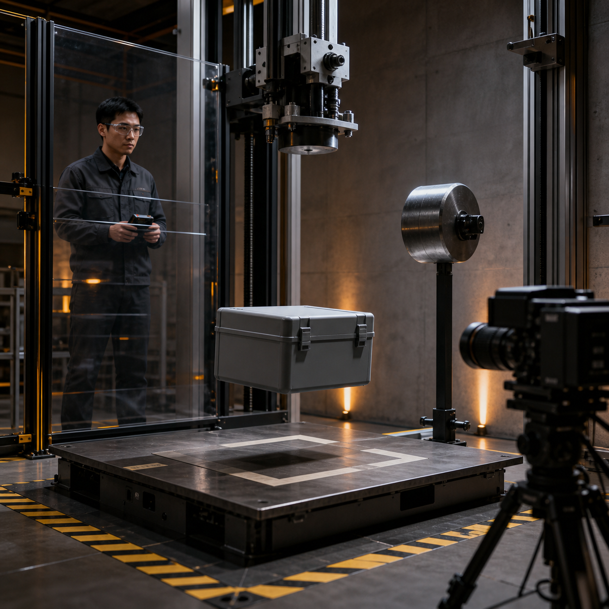 Controlled drop and impact validation of a sealed standardized transport test container