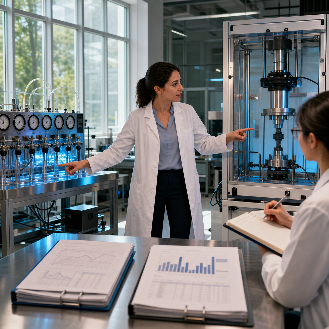 Engineer comparing pressure and pull-force measurement stations during a medical device evidence review