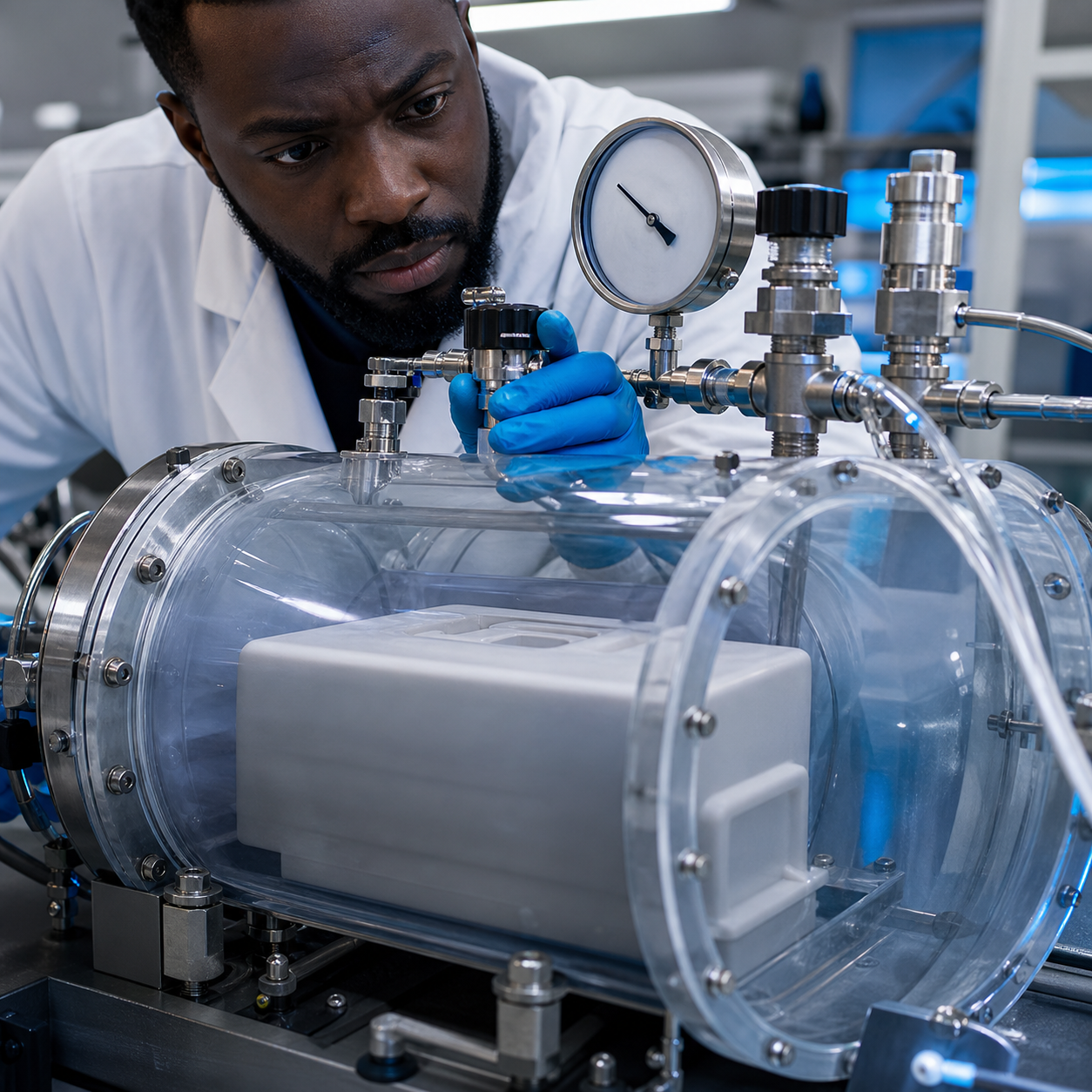 Laboratory technician adjusting a sealed negative-pressure test chamber under controlled conditions