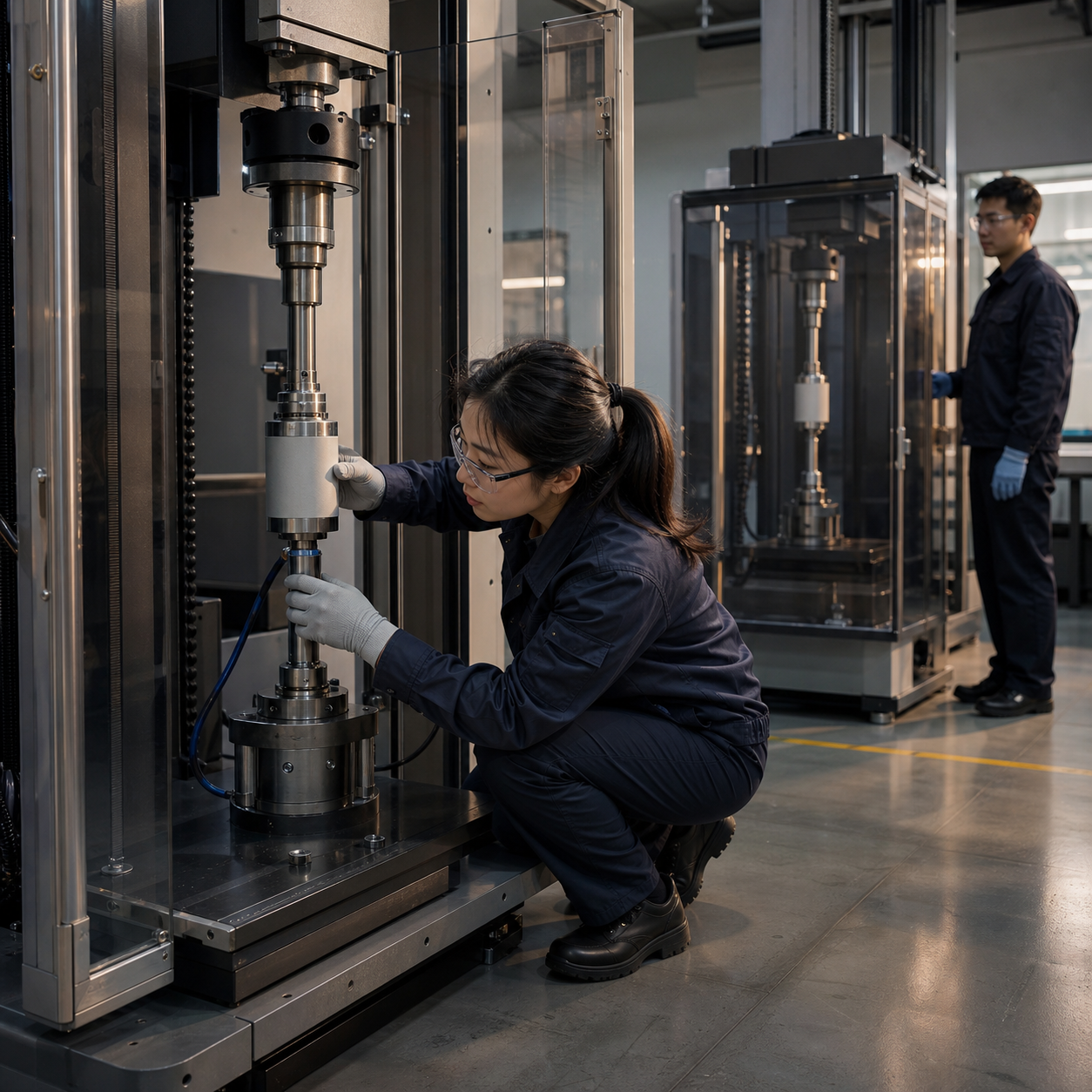 Two tensile testing stations comparing pull-force measurements with concealed test samples