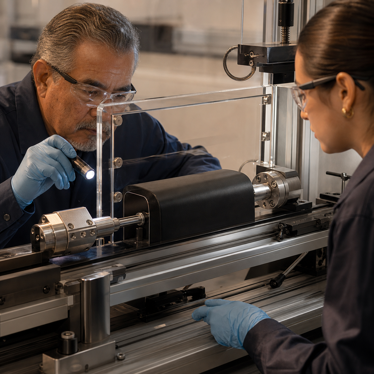 Technician inspecting a connection-retention fixture during a controlled tension test