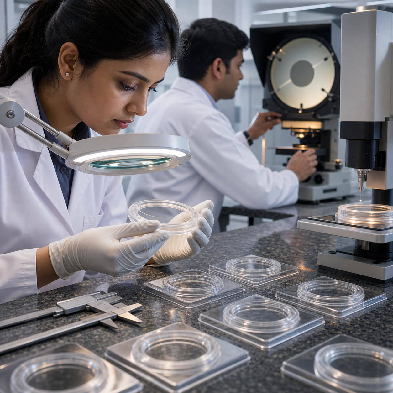 Metrology specialist checking dimensions and surface condition of transparent seal coupons