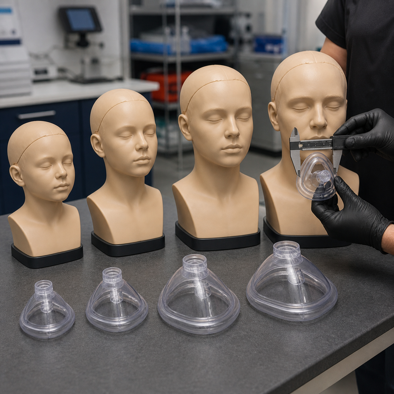 Transparent mask sizes are compared on age-band training headforms without being used on a child