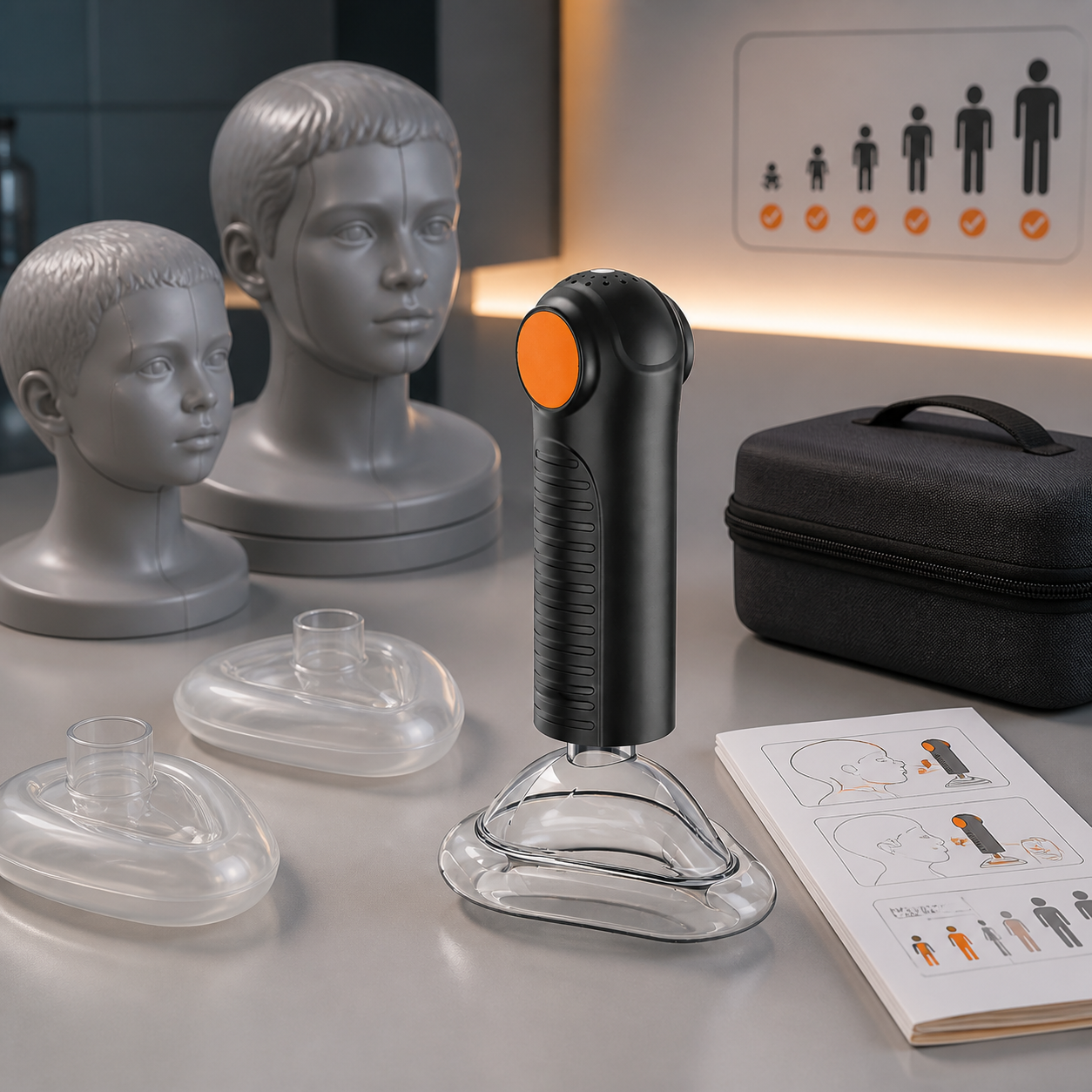 Exact real Fitiger EasyPumpVac is staged beside masks and official instructions during an age-eligibility readiness review