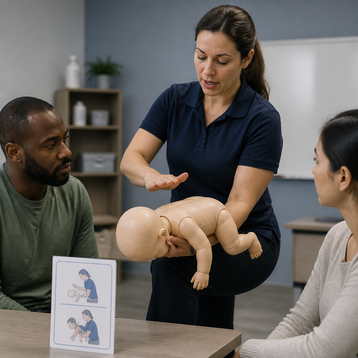 Instructor demonstrates infant choking first aid on an unmistakable training mannequin with no suction device present