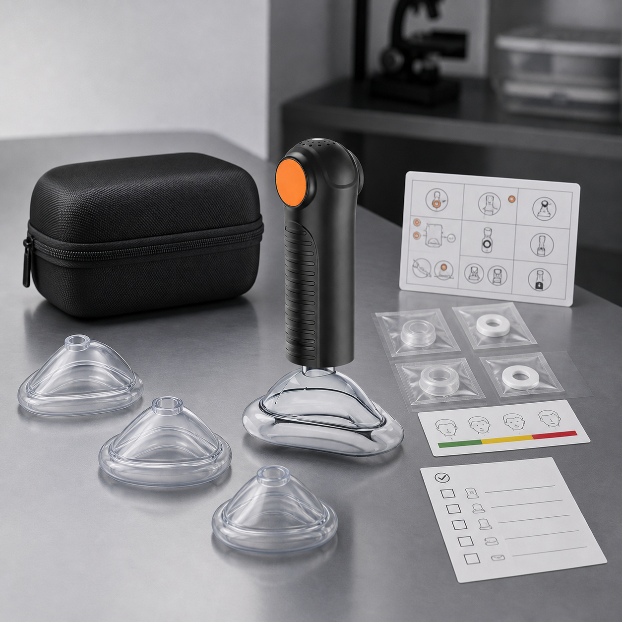 Exact real Fitiger EasyPumpVac masks instructions and storage case are arranged for a neutral age-group procurement audit