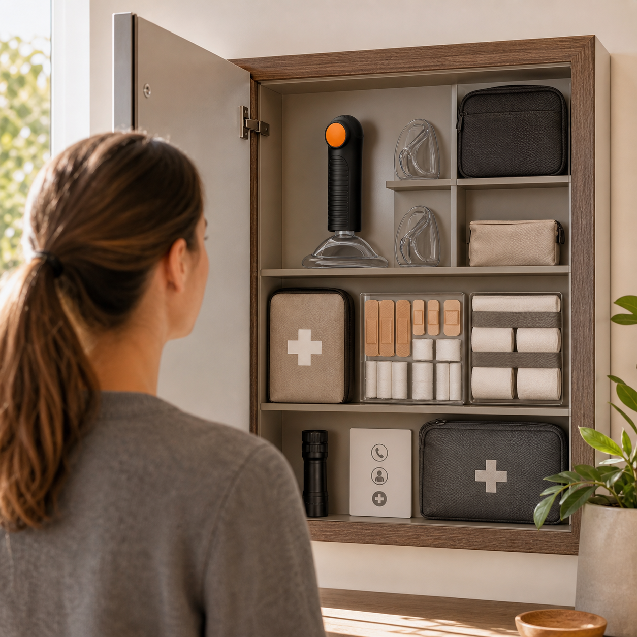 Exact real Fitiger EasyPumpVac is stored as one component of an organized modern home first-aid system