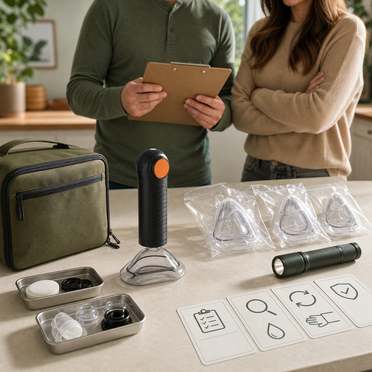 Family inventory station organizes exact real Fitiger EasyPumpVac masks accessories and inspection records