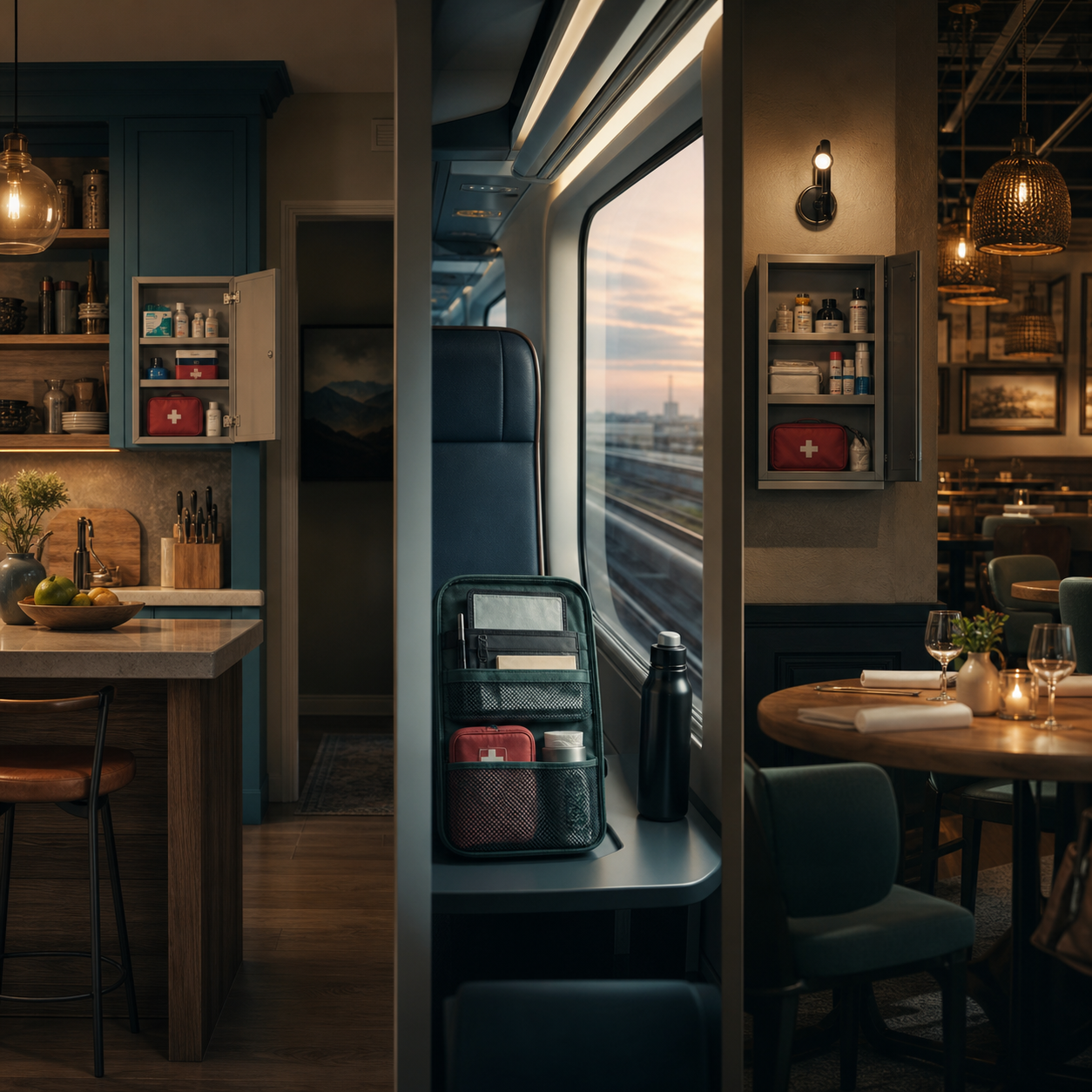Home kitchen travel transit and restaurant dining readiness environments are compared in one calm preparedness scene