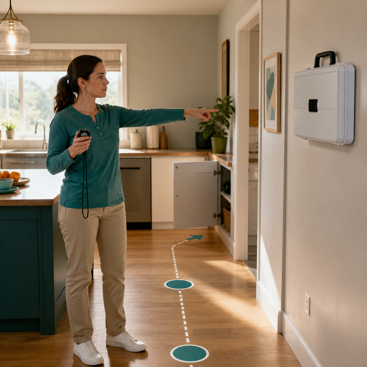 Caregiver measures access time to a clearly placed home emergency kit during a calm readiness drill