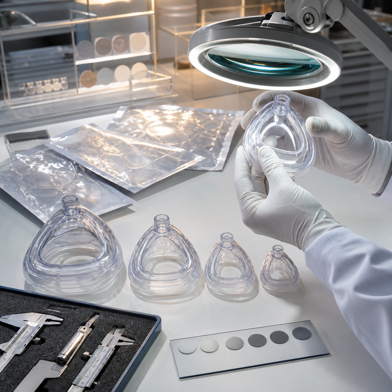 Transparent mask sizes are inspected for seal condition cleanliness and replacement readiness