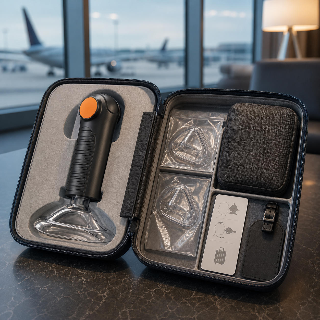 Exact real Fitiger EasyPumpVac is secured with masks and instructions inside an organized travel readiness kit