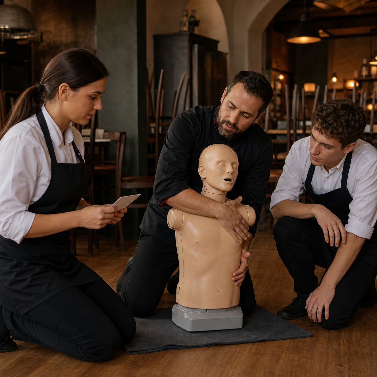 Restaurant staff rehearse first-line choking response with an unmistakable training mannequin