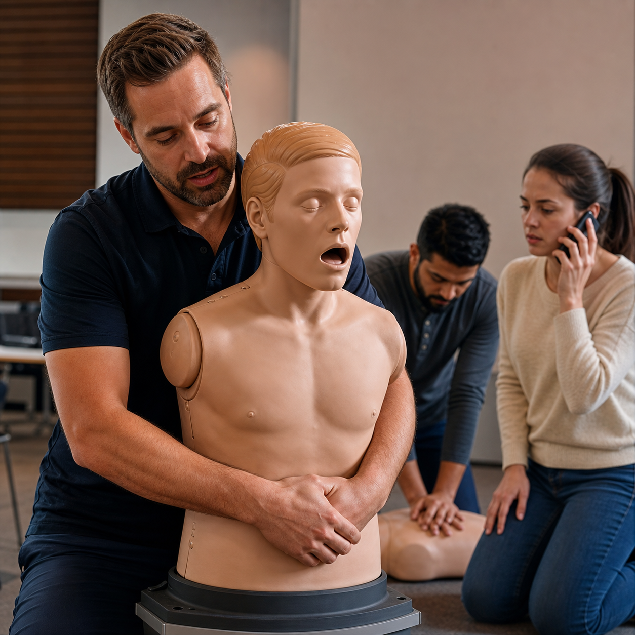 Instructor demonstrates first-line choking rescue on an artificial adult mannequin while another participant calls emergency services