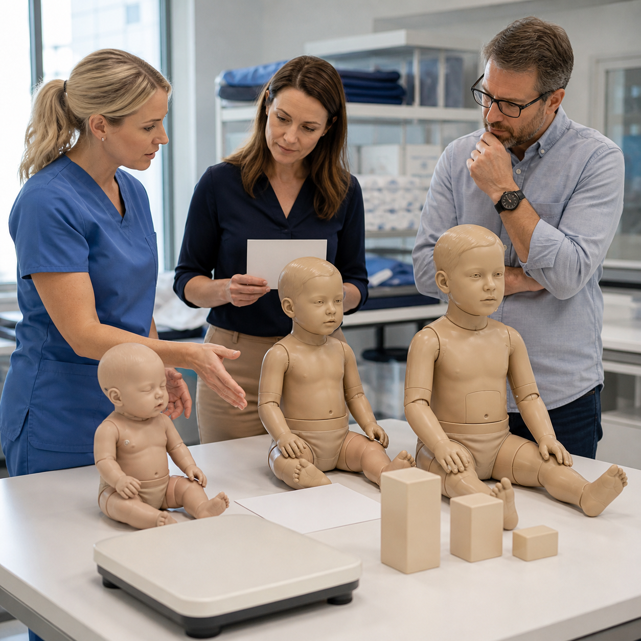 Pediatric safety team compares fit and weight boundaries using artificial infant and child mannequins
