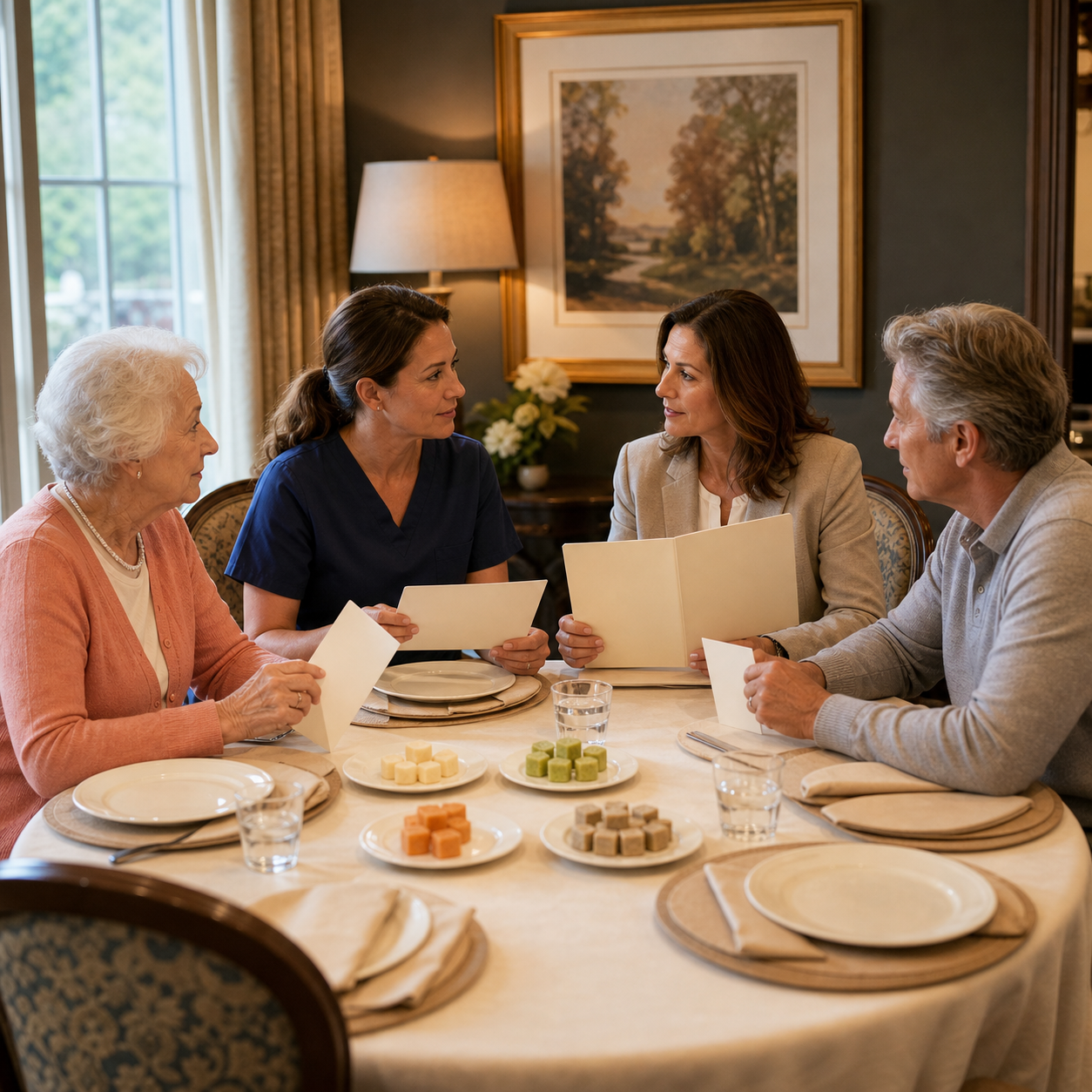 Older adult caregiver clinician and family member conduct calm meal-safety and emergency-role planning