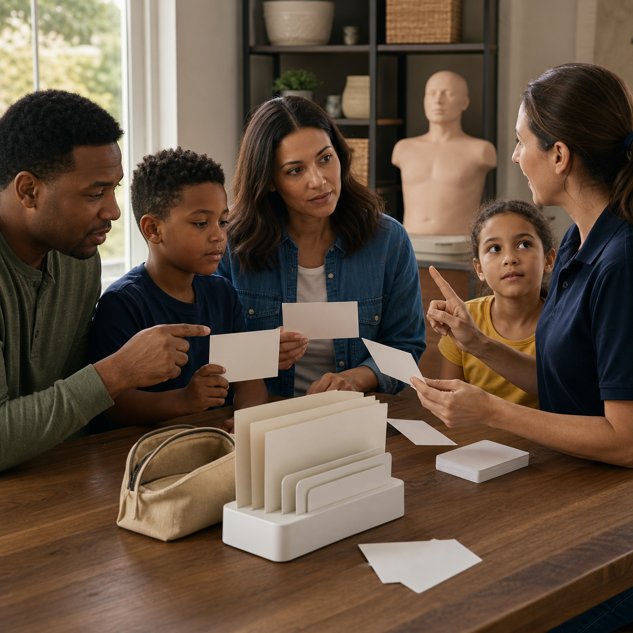 Family and safety educator prepare blank storage cards and emergency roles beside an artificial training mannequin