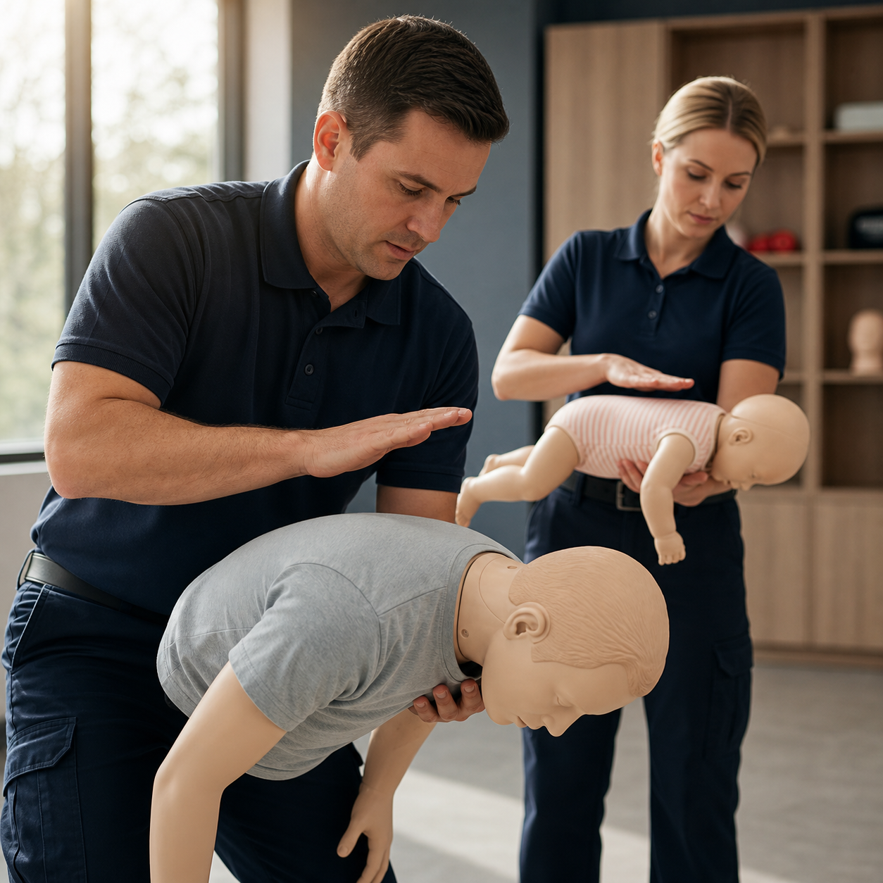 Instructors demonstrate adult and infant first-line choking-rescue positioning using artificial training mannequins