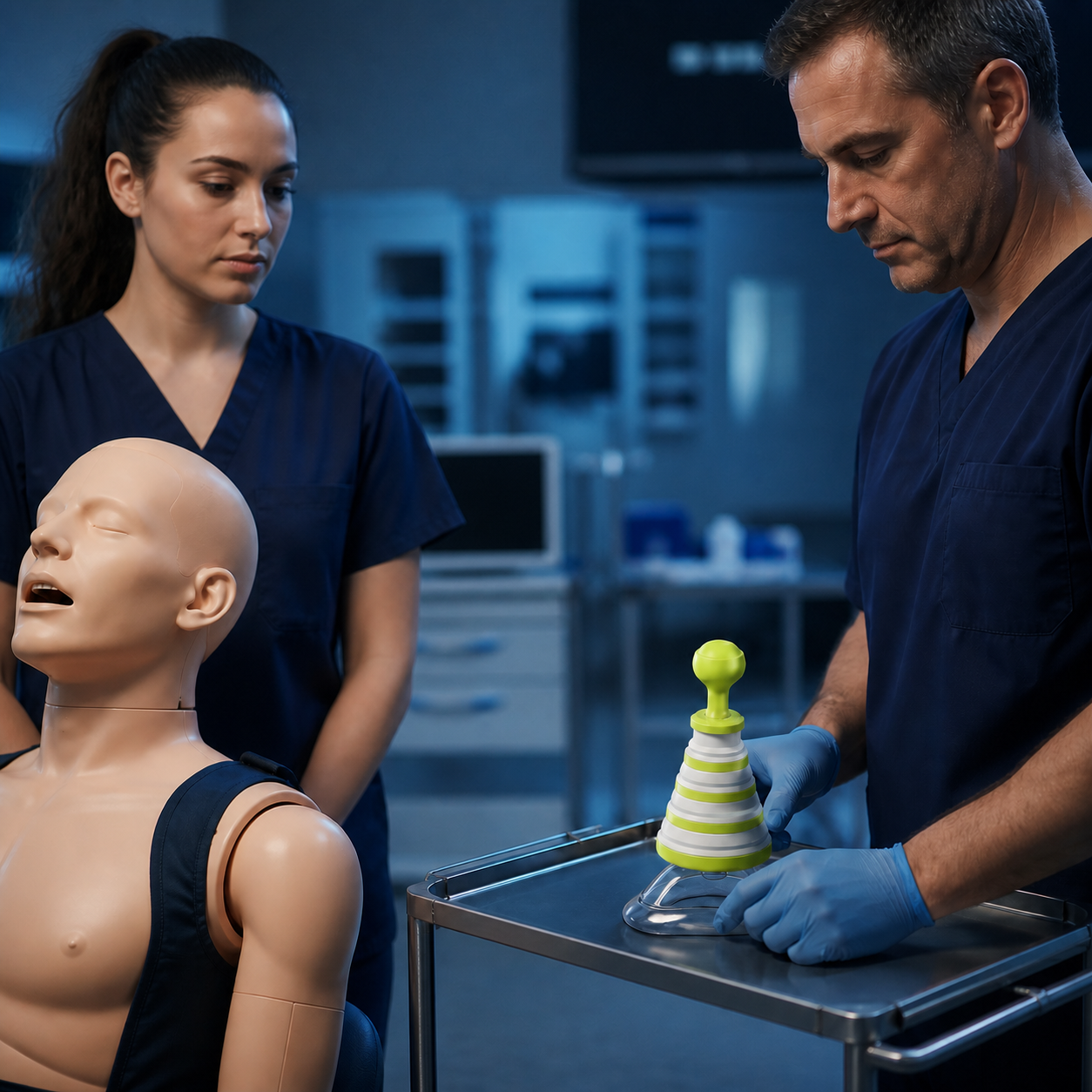 Clinicians inspect the exact real FoldPumpVac on a secondary tray beside an artificial airway training mannequin