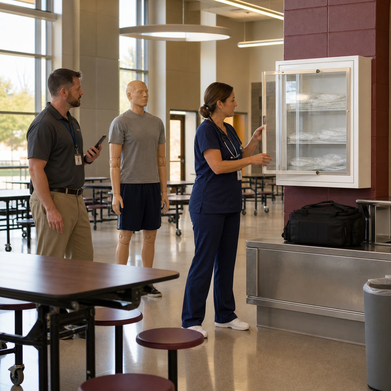 School staff audit response distance between an artificial training mannequin, emergency call, and nearby supply cabinet