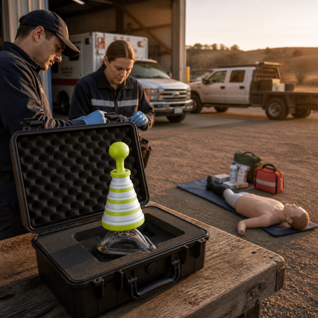 Rural fleet staff inspect the exact real FoldPumpVac secured in a hard case beside an artificial training mannequin