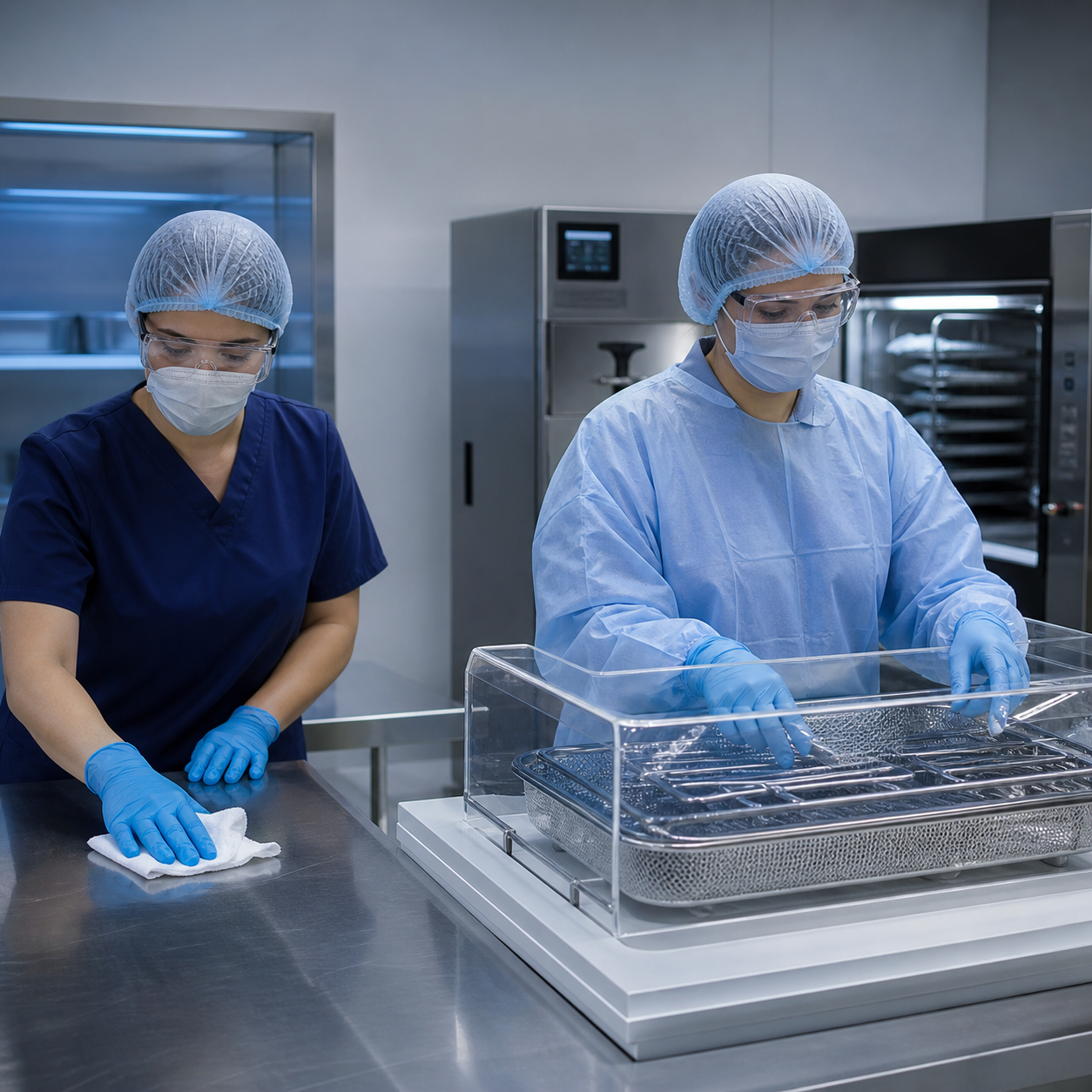 Technicians compare surface cleaning with validated medical-device reprocessing controls in a calm laboratory review