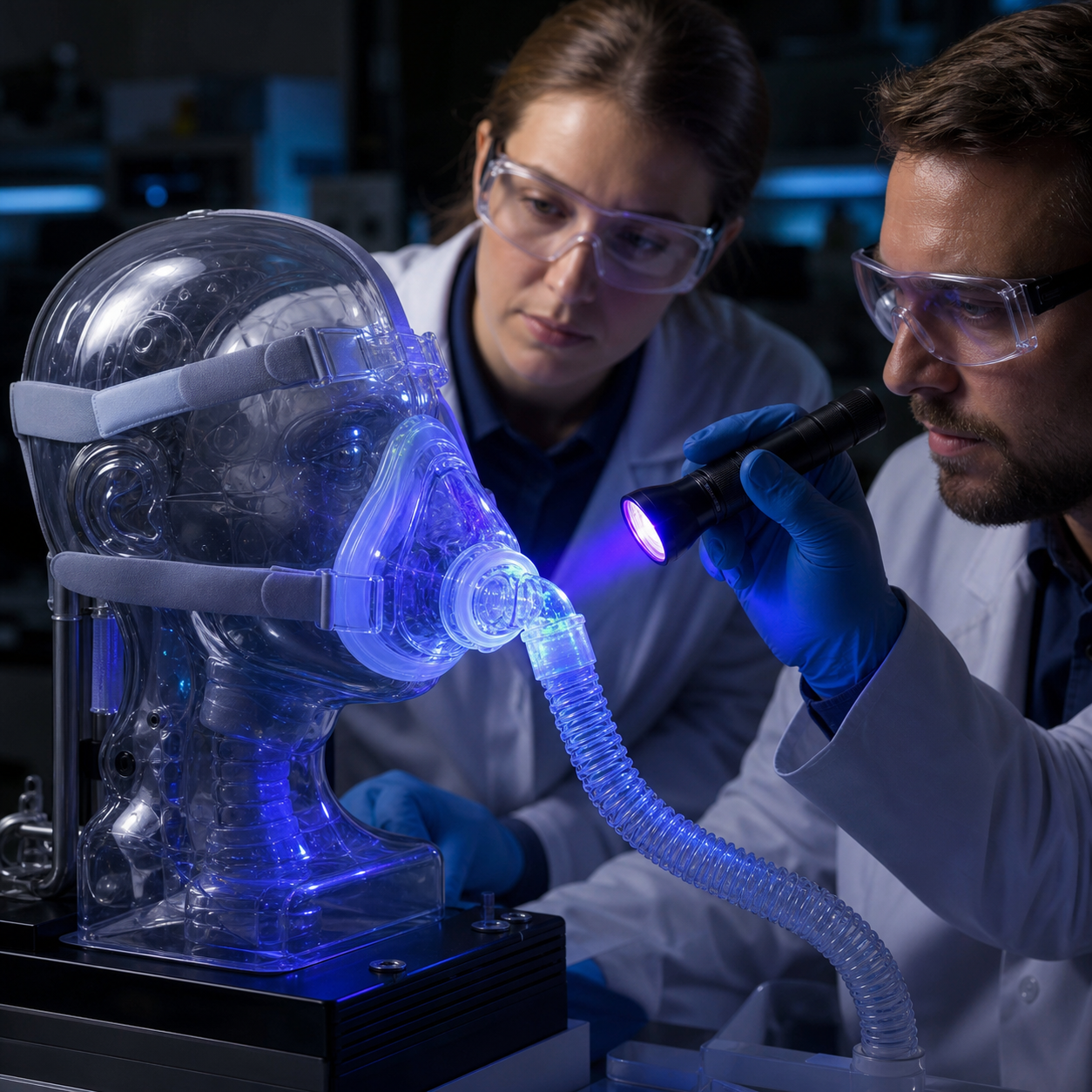 Infection-control specialists trace hidden contamination paths through a neutral mask and valve on an artificial airway rig