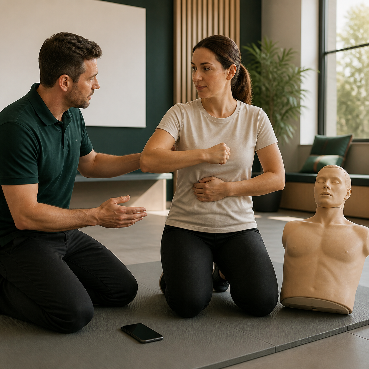 Instructor rehearses recognition, forceful coughing, emergency calling, and calm self-thrust hand placement with an artificial torso rig
