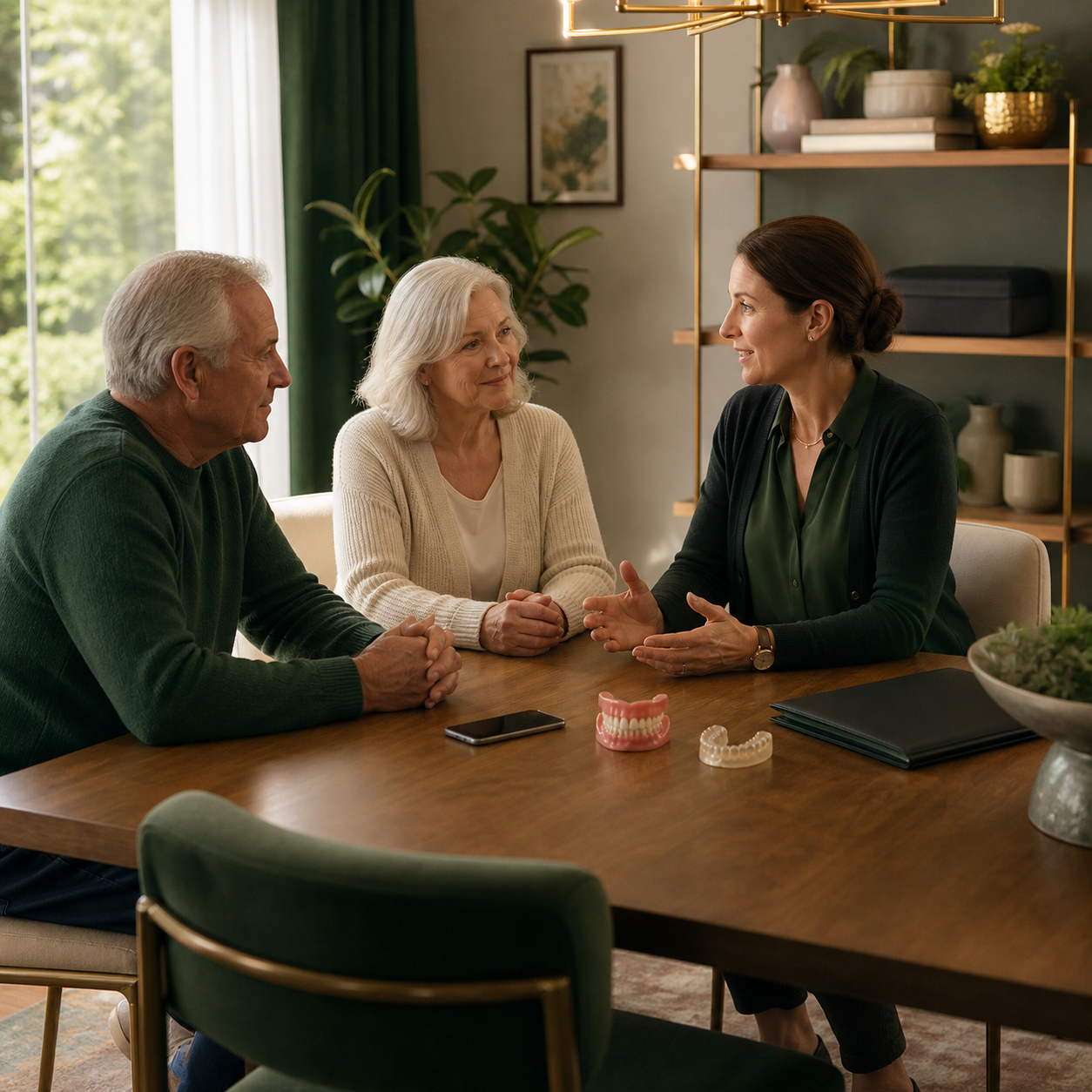 Older adults and clinician review cough strength, dentures, swallowing risk, mobility, phone access, and check-in support before an emergency