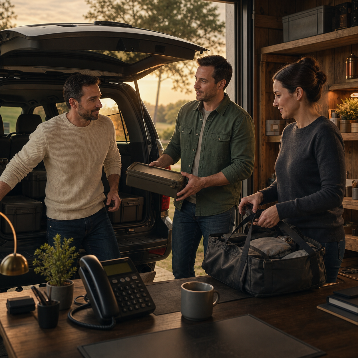 Workers compare emergency access routes and check-in plans across a vehicle, office, farm workshop, and travel setting