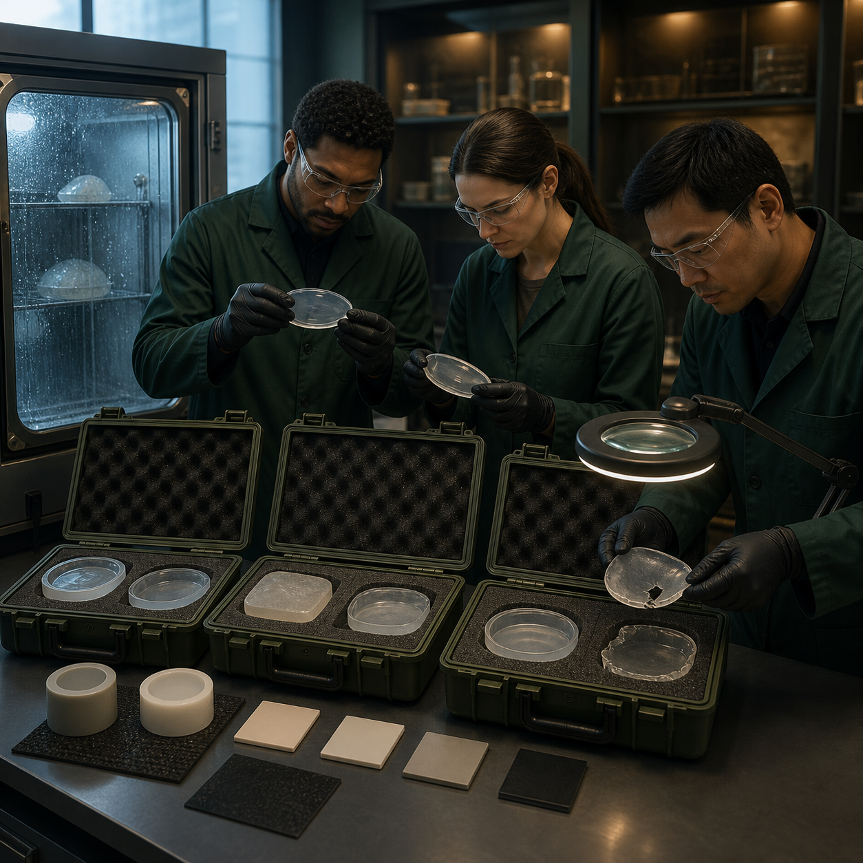 Materials team studies mask clouding, compression memory, edge deformation, tearing, and recovery after different storage conditions