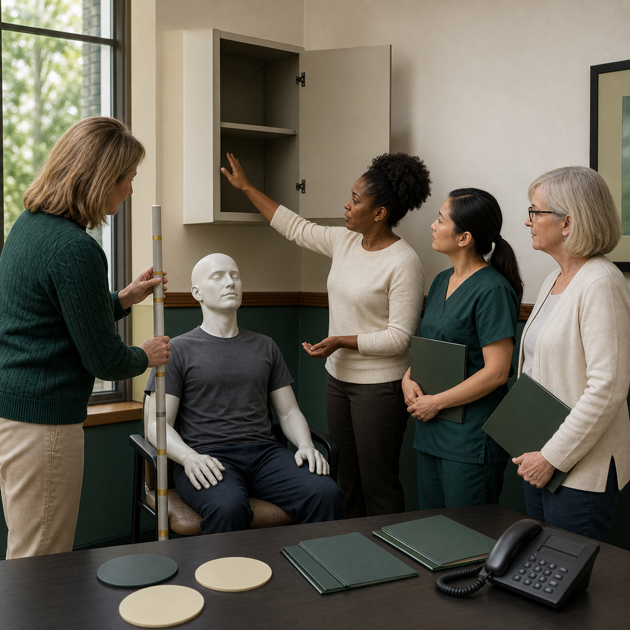 Caregiver and safety educator review rescue geometry, retrieval access, operation steps, and role assignments before an emergency