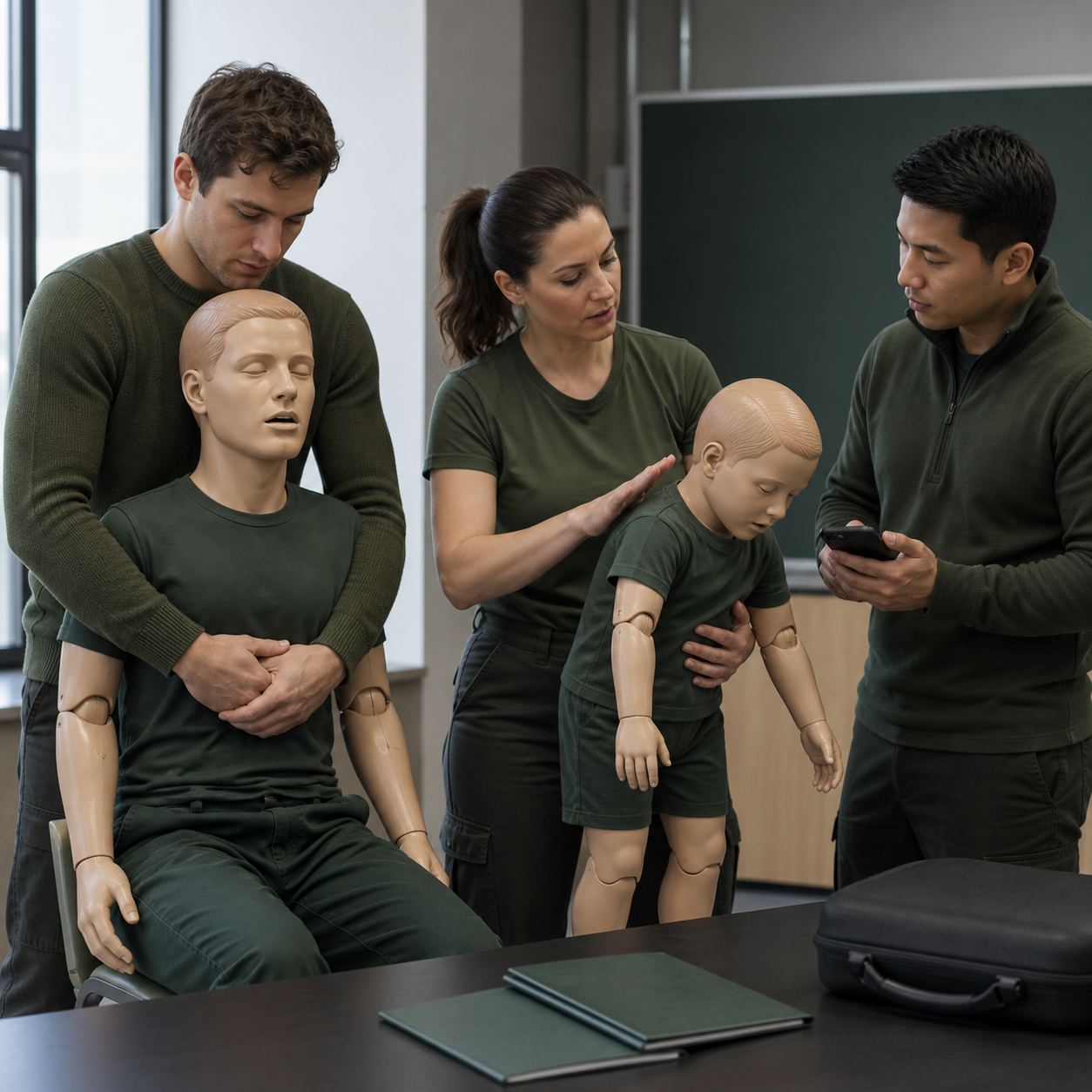 Responders rehearse choking recognition, first-line manual rescue, emergency calling, and second-line escalation on artificial mannequins