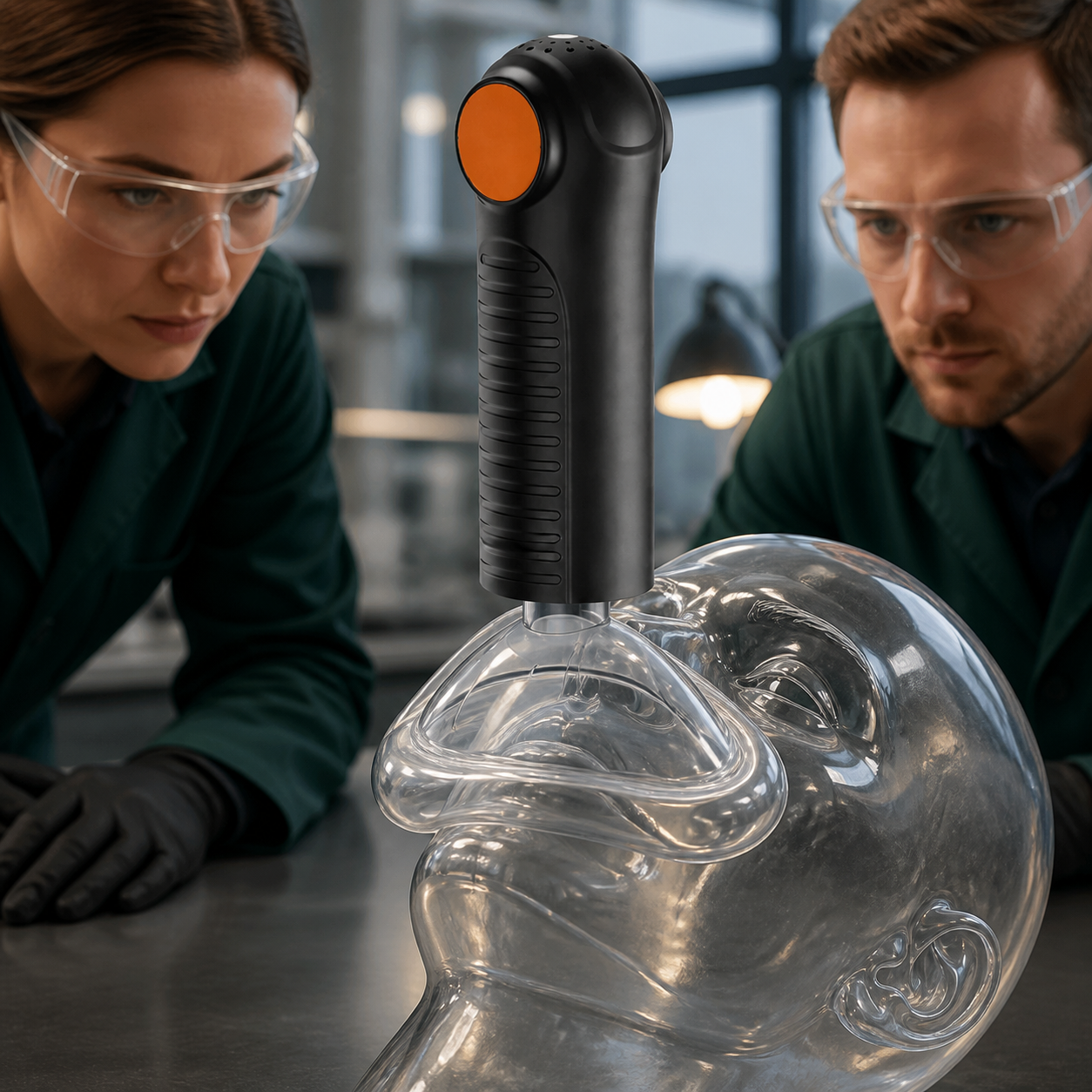 Engineer evaluates the exact real EasyPumpVac mask seal, edge compliance, cheek geometry, and pressure-circuit stability on an artificial face rig