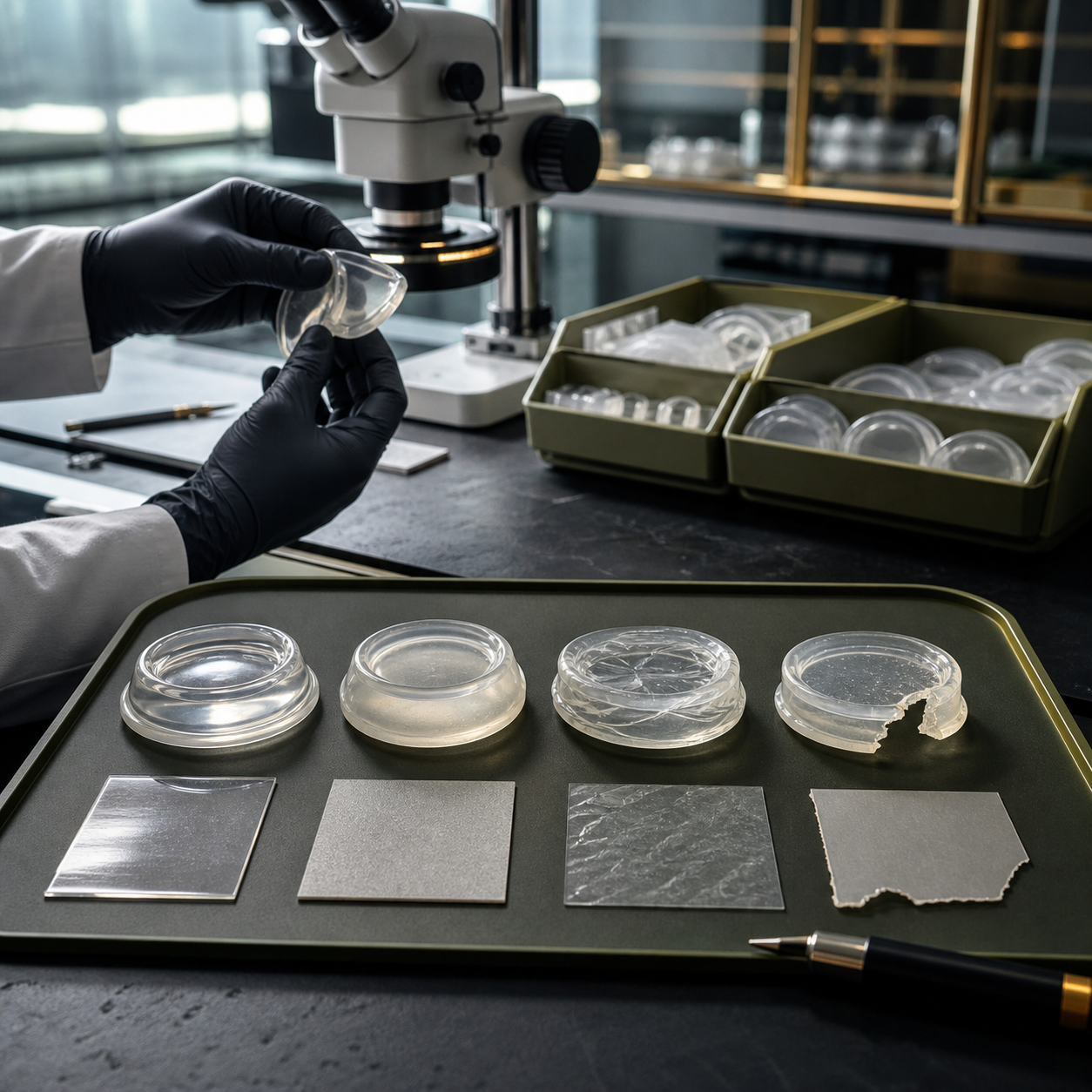 Materials team compares stored silicone masks for clouding, edge memory, compression damage, tearing, and recovery before visible failure
