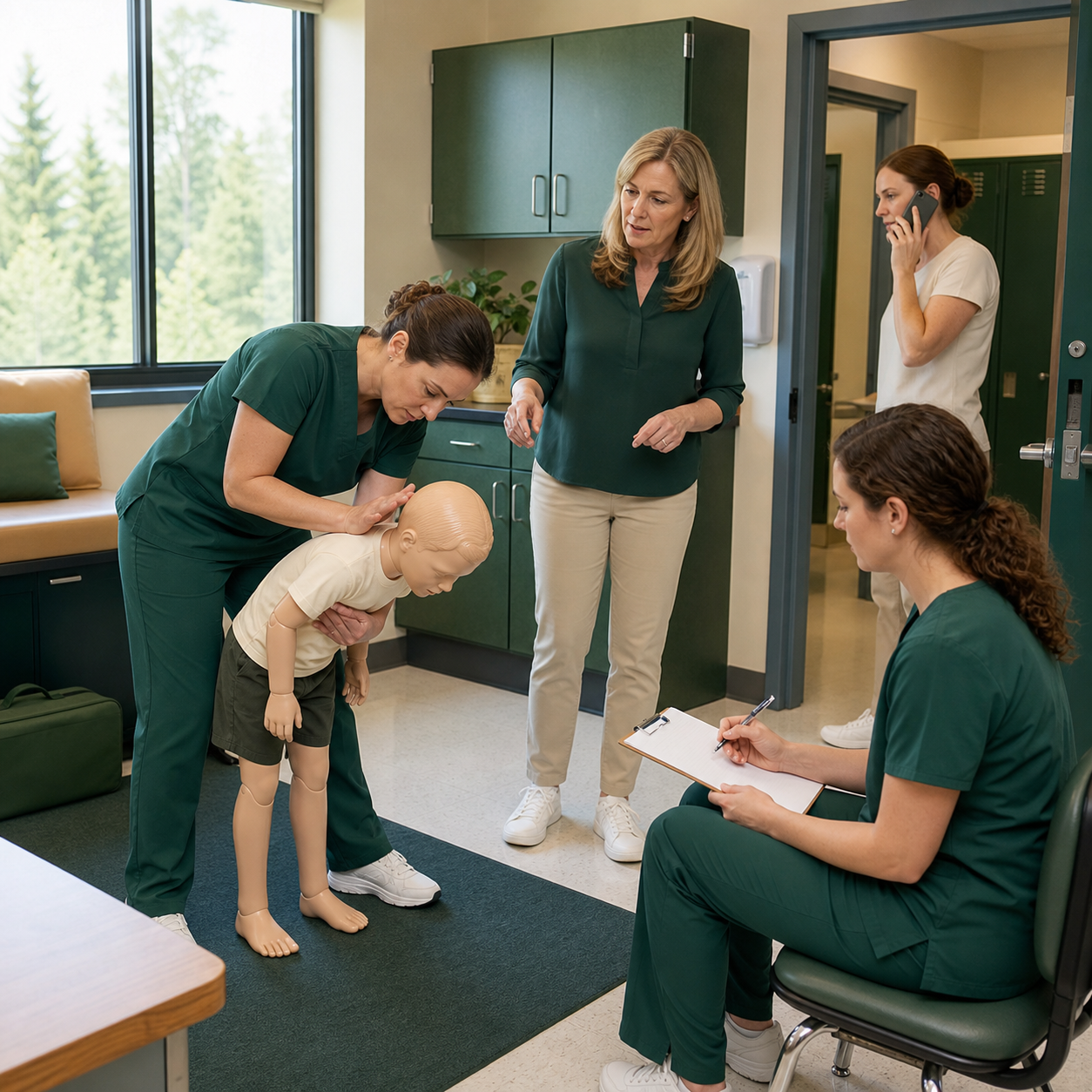 Responders use a preplanned failure-response chain to continue manual rescue, call EMS, and document the transition on a mannequin