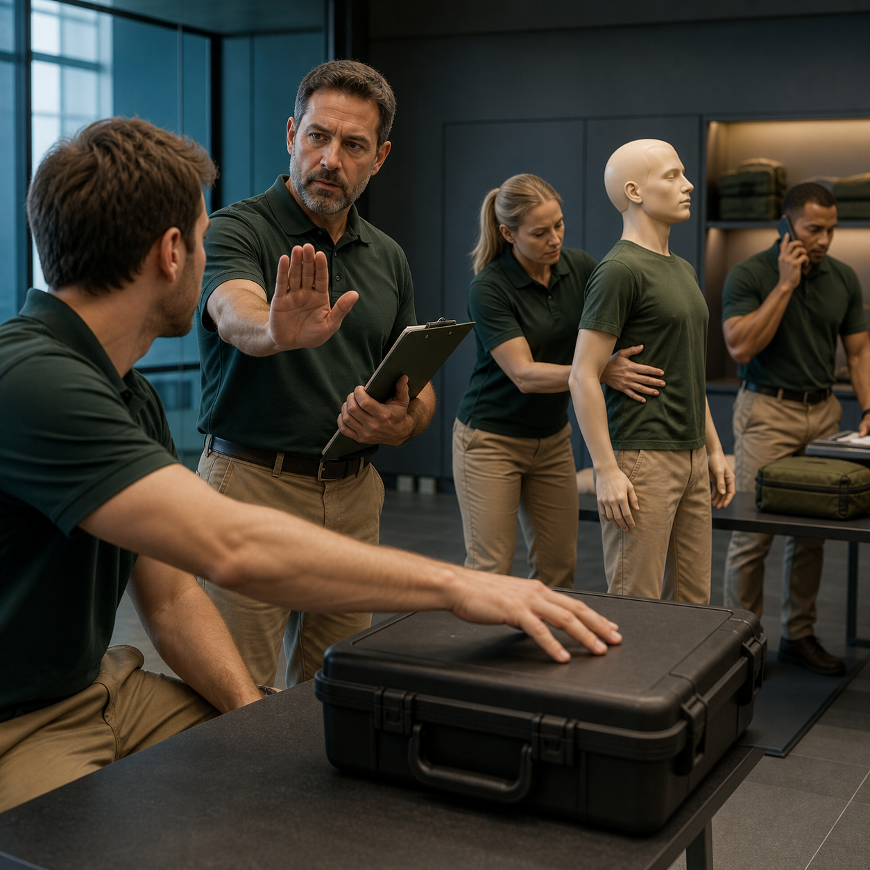 Instructor stops repeated blind device attempts and redirects trainees to manual rescue and emergency escalation