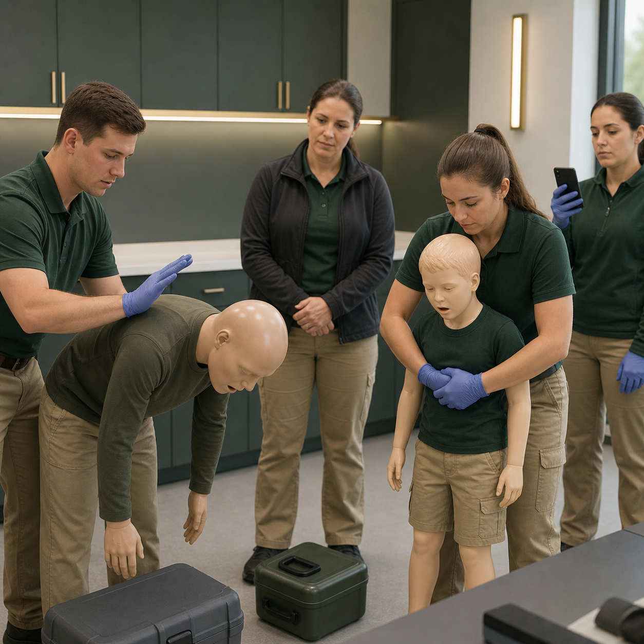 Responders continue the age-appropriate BLS choking sequence on artificial mannequins after a second-line attempt does not work