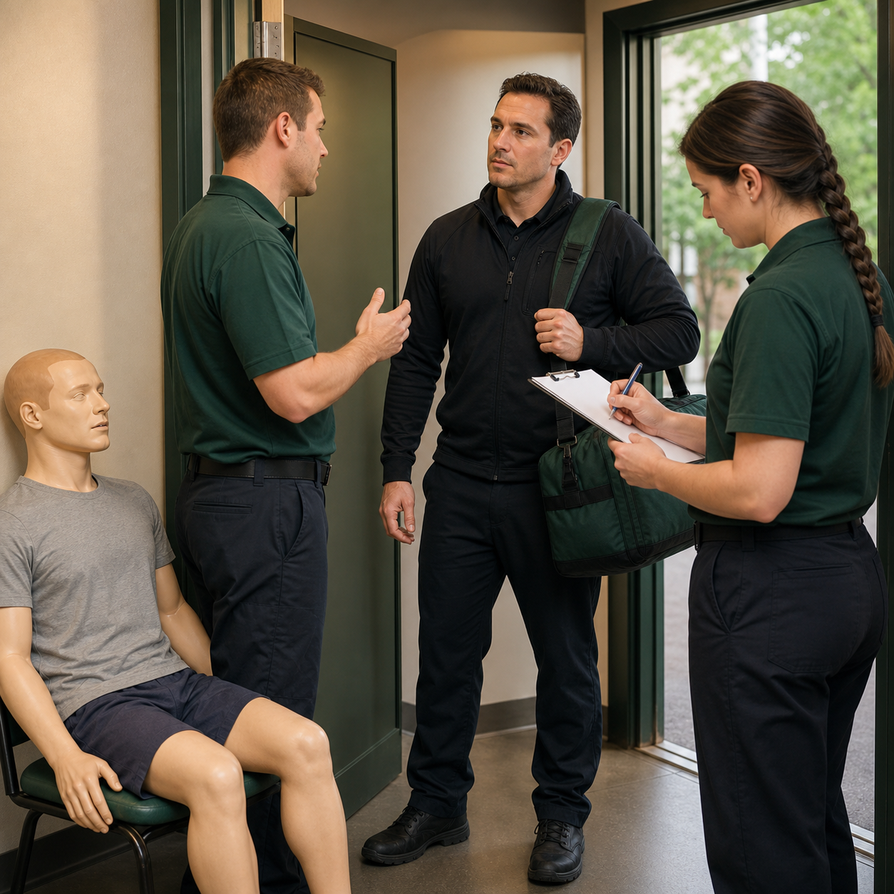 Responder gives EMS a concise handoff while another records manual steps, device attempts, timing, and patient changes