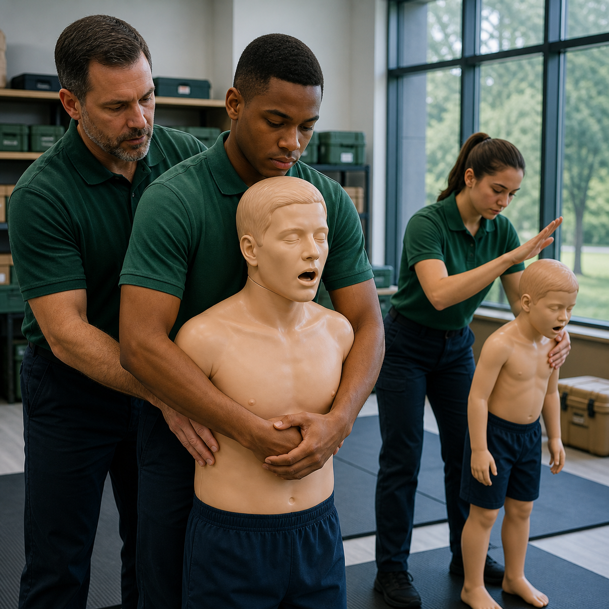 First-aid instructor coaches responders through age-appropriate manual choking rescue practice on clearly artificial mannequins