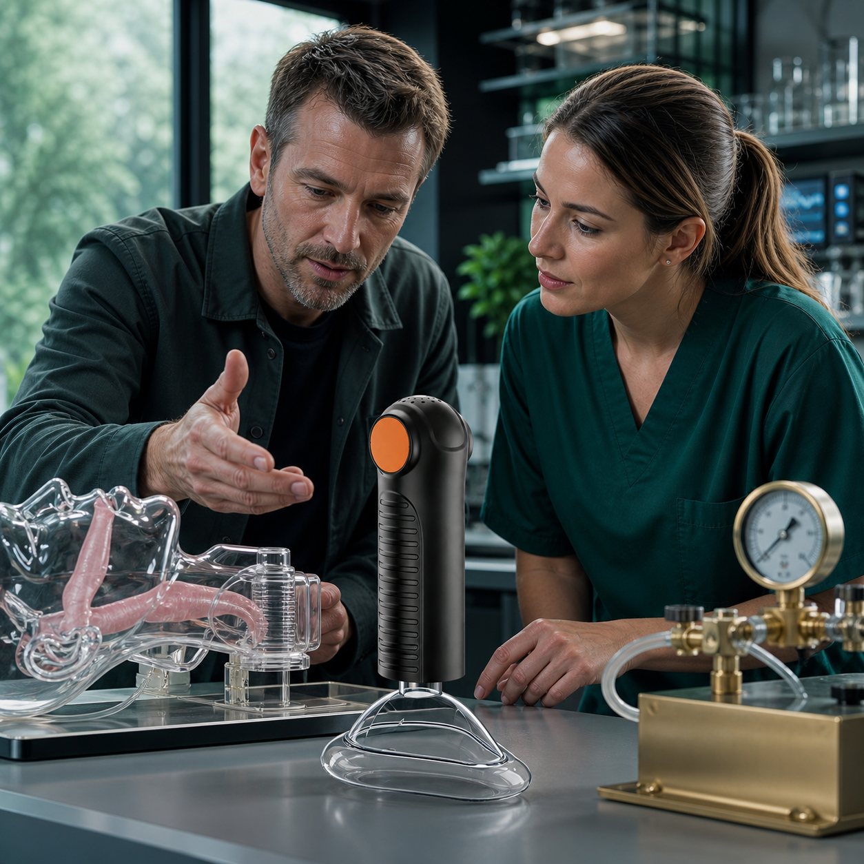 Engineer reviews the exact real EasyPumpVac beside a transparent airway simulator to explain its distinct negative-pressure force path