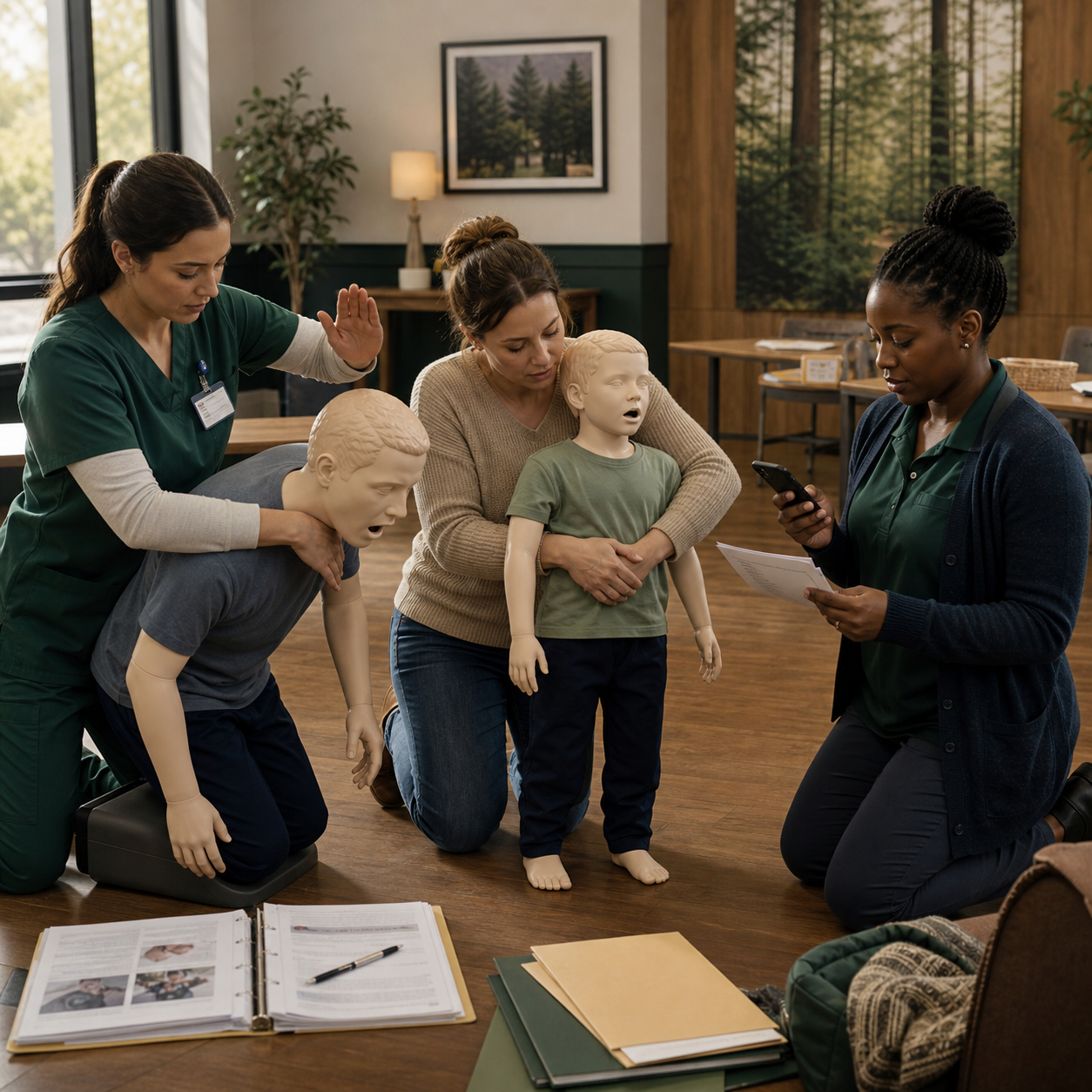 School staff, family caregivers, and care-team members rehearse one shared choking-response sequence with training mannequins
