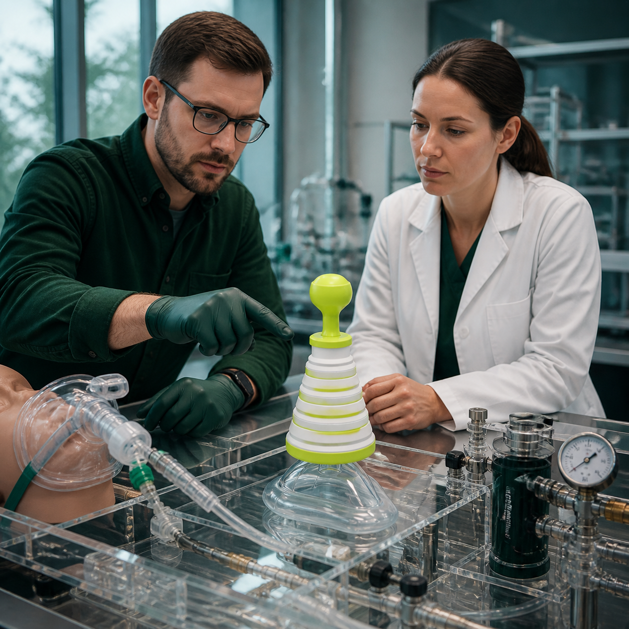 Engineer tests the exact real FoldPumpVac on an instrumented airway bench while keeping it clearly framed as a second-line backup